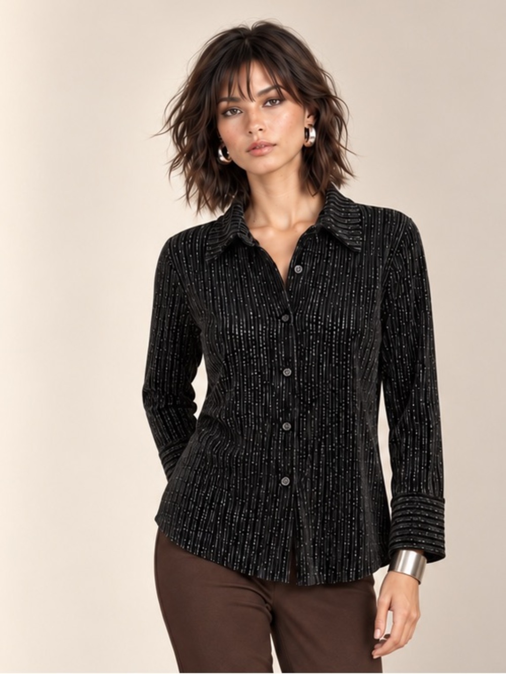 House of Harlow 1960 Button-Up Shirt Black Shimmery Metallic Stripe Velvet Sz L